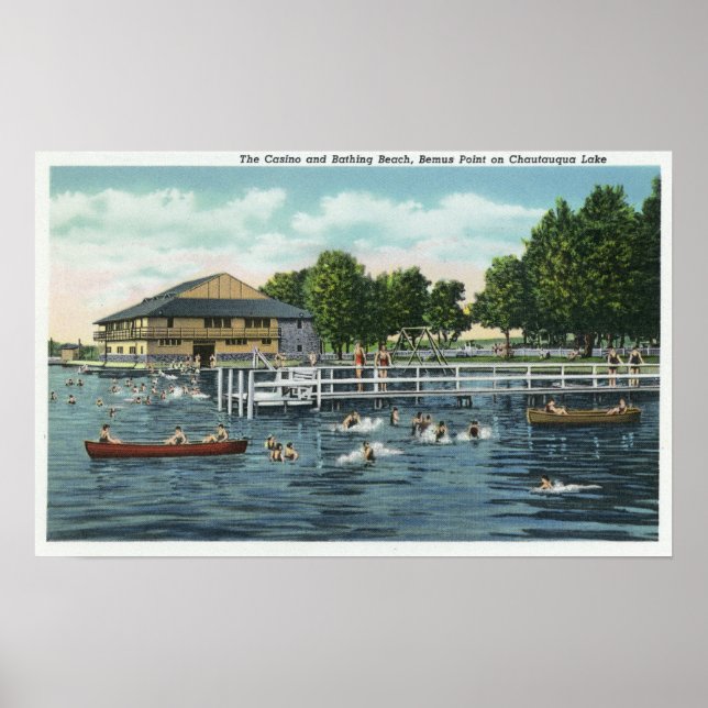 Swimming vid Bemus Point Beach och Casino Poster (Framsidan)