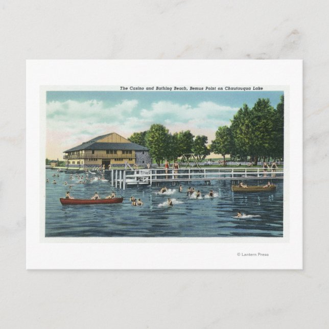 Swimming vid Bemus Point Beach och Casino Vykort (Framsida)