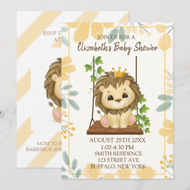 Swing Flora Prince Lejon Boy Baby Shower-inbjudan Inbjudningar (Fram/baksida)