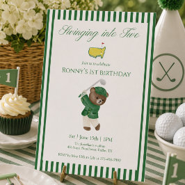 Swingande in i två golf 2-års födelsedag Teddybjör Inbjudningar