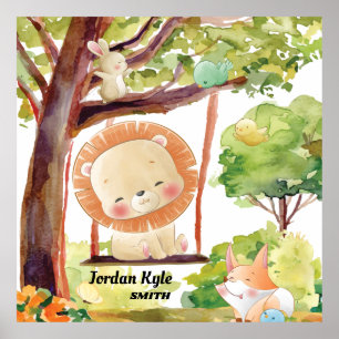 Swinging Lion, Fox, Bunny and Birds Blush Poster