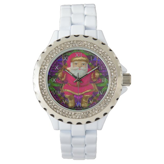 Swinging Santa Rhinestone White Enamel Armbandsur (Framsida)