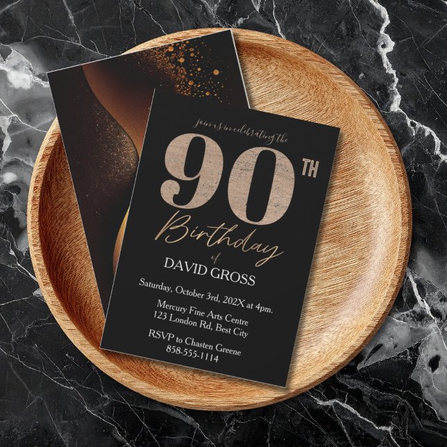Swirl 90:e födelsedag i Black och Guld Glitter Inbjudningar (Skapare uppladdad)
