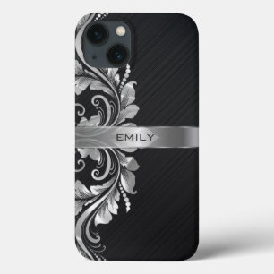 Swirl Black-bakgrund för Metallic Silver Blommigt