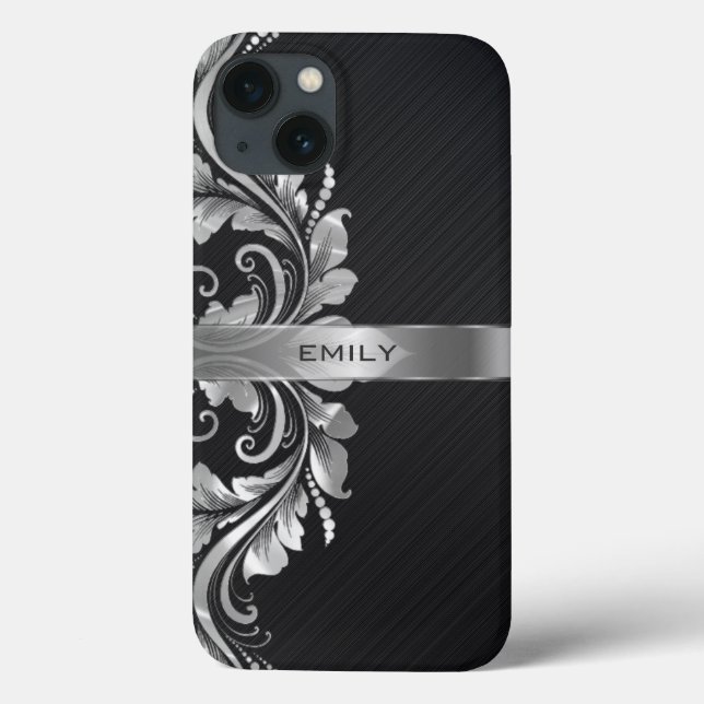 Swirl Black-bakgrund för Metallic Silver Blommigt (Baksida)