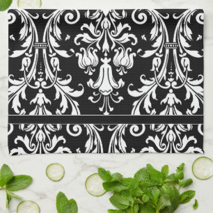 Swirl-Blommigt, svart, vitt Monogram Kökshandduk