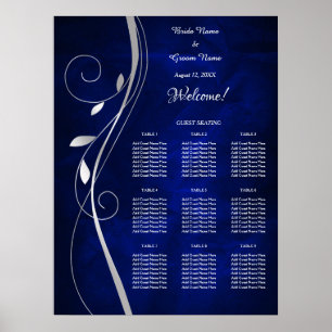 Swirl Blue Bröllop-sätesdiagram för silver Löv Poster