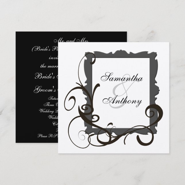 Swirl-inbjudningar till svartvita Silver Inbjudningar (Fram/baksida)