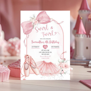 Swirl och Twirl Ballerina Rosa Coquette Birthday Inbjudningar