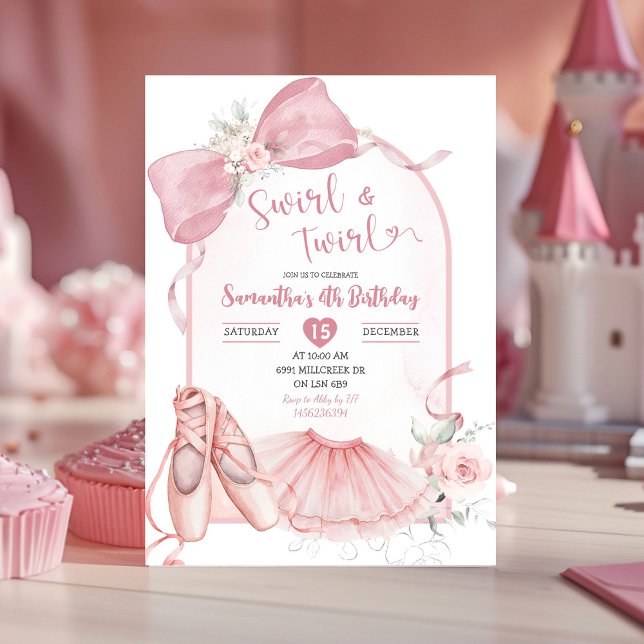 Swirl och Twirl Ballerina Rosa Coquette Birthday Inbjudningar (Skapare uppladdad)