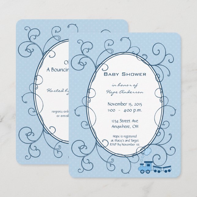 Swirl Pojke Blue Dot Tåg Shower-meddelande Inbjudningar (Fram/baksida)