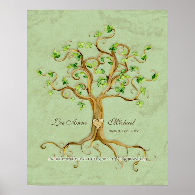 Swirl Träd Roots Antiqued Aqua Bröllop Gift Art Poster (Framsidan)
