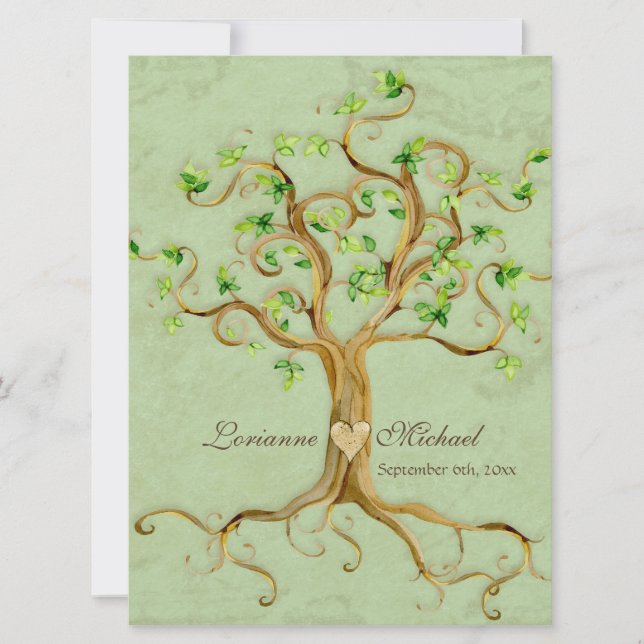 Swirl Träd Roots Antiqued Grönt Parchment Bröllop Inbjudningar (Framsida)