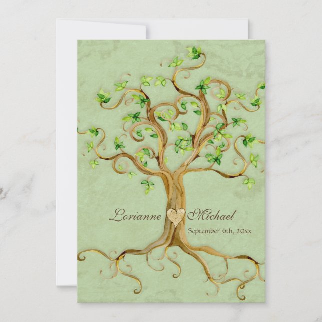 Swirl Träd Roots Antiqued Grönt Parchment Bröllop Inbjudningar (Framsida)