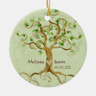 Swirl Träd Roots Antiqued Personlig Namn Heart Julgransprydnad Keramik