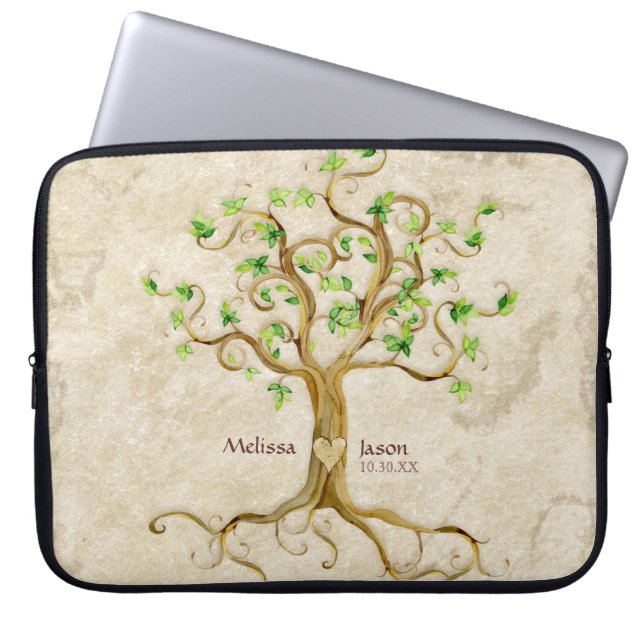 Swirl Träd Roots Antiqued Personlig Namn Heart Laptop Sleeve (Framsidan)