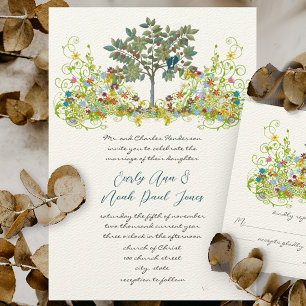 Swirled Blommor Love birds Träd bröllopsinbjudan Inbjudningar