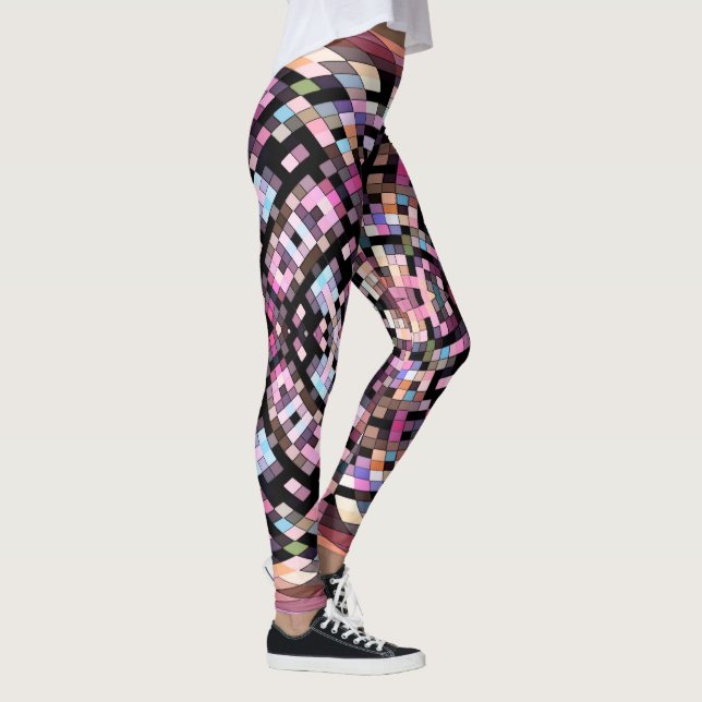 Swirling Checkerboard-Abstrakt i svart, Rosa Leggings (Höger)