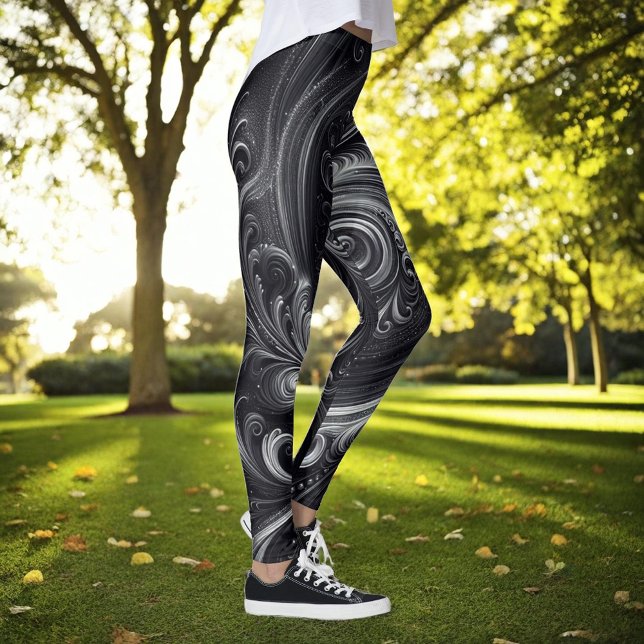 Swirling Modern Abstrakt Black och Silver Leggings (Skapare uppladdad)