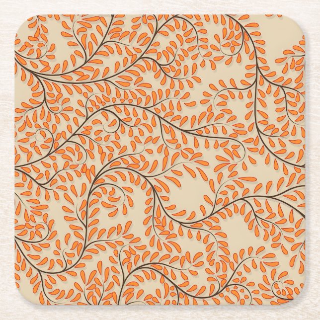 Swirling Orange Leaves on Beige Background Underlägg Papper Kvadrat (Framsidan)