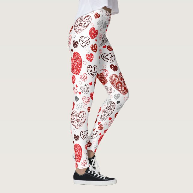 Swirling Red Decorative Heart Pattern Leggings (Höger)
