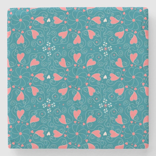 Swirling rosa hjärtan på teal. Hand plockade Stenunderlägg (Framsidan)