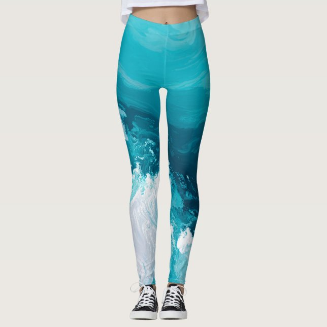 Swirling Turquoise Waves Abstract Ocean Wave Art Leggings (Framsida)