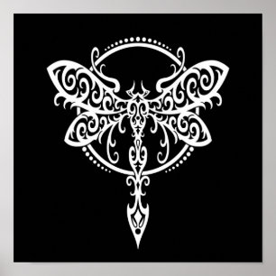 Swirling White Dragonfly på Black Poster