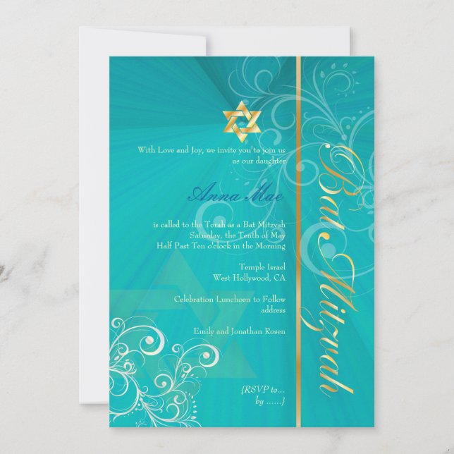 Swirls Bat mitzvah/aqua blue/guld Inbjudningar (Framsida)