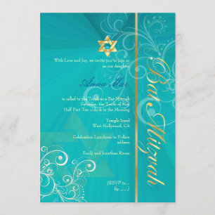 Swirls Bat mitzvah/aqua blue/guld Inbjudningar