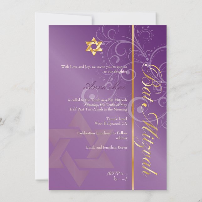 Swirls Bat mitzvah/plommon/guld Inbjudningar (Framsida)