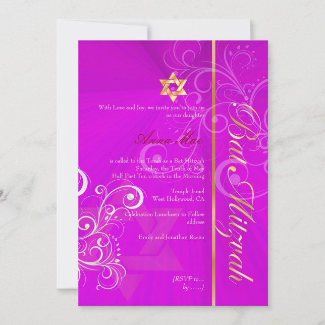 Swirls Bat mitzvah/shock rosa/guld Inbjudningar (Framsida)