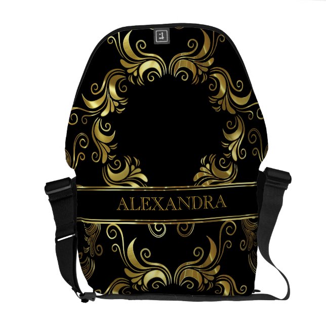 Swirls design för svarta & Guld-servrar - Monogram Messenger Bag (Öppen Baksida)