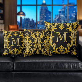 Swirls Monogram Blommigt för svart och Guld Kudde
