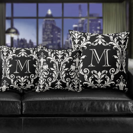 Swirls Monogram, svart och vit Blommigt Kudde