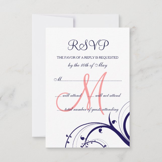 Swirls Navy Blue Coral Rosa Bröllop OSA Card (Framsida)