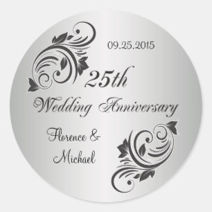Swirls och Blommor silver Black Sticker Runt Klistermärke