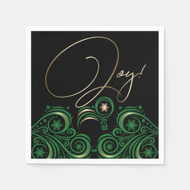 Swirls och Snöflingor Guld och Grönt Joy Pappersservett (Framsidan)
