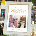 Swirls & Photos 50:e Bröllop-årsdagen Välkommen Poster<br><div class="desc">Bröllop-årsdagen poster för ett 50-årsjubileum på bröllop-årsdagen firande med ett snabbt kalligrafiskript för guld-färgad och ett minimalt fotokollage med tre foton av olika storlek där du kan ge era gäster en glimt av dina underbara 50 år tillsammans!</div>