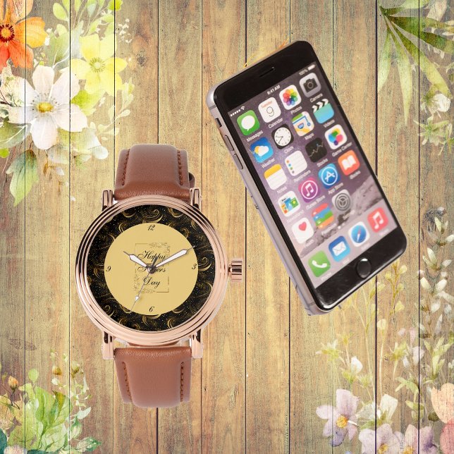 Swirls, svart, lycklig Fars dag Guld Armbandsur (Happy Father's Day Gold Calligraphy Leafy Swirls Watch)