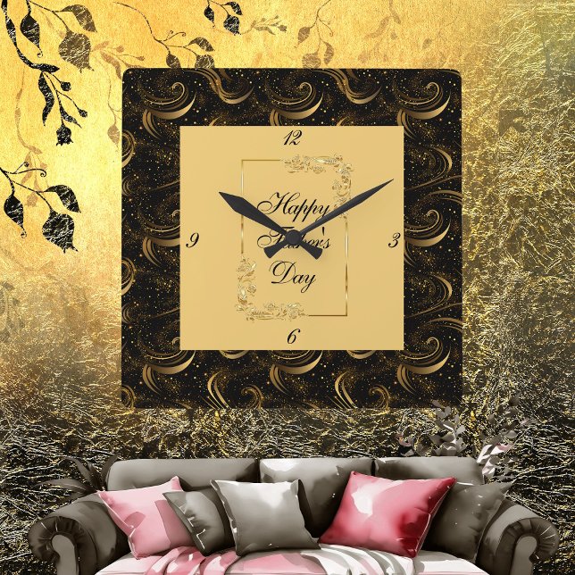 Swirls, svart, lycklig Fars dag Guld Fyrkantig Klocka (Happy Father's Day Gold Calligraphy Black Swirls Square Wall Clock)