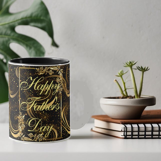 Swirls, svart, lycklig Fars dag Guld Mugg (Happy Father's Day Gold Calligraphy Black Swirls Mug)