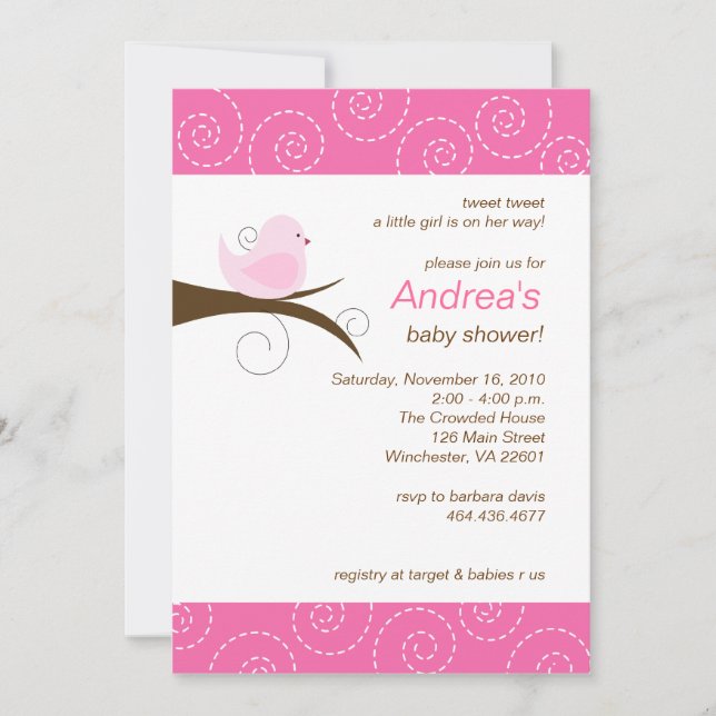 Swirly bird Rosa Baby Shower-inbjudan Inbjudningar (Framsida)