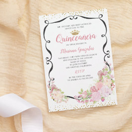 Swirly Black Ram Rosa Blommigt Quinceanera Inbjudningar