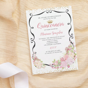 Swirly Black Ram Rosa Blommigt Quinceanera Inbjudningar