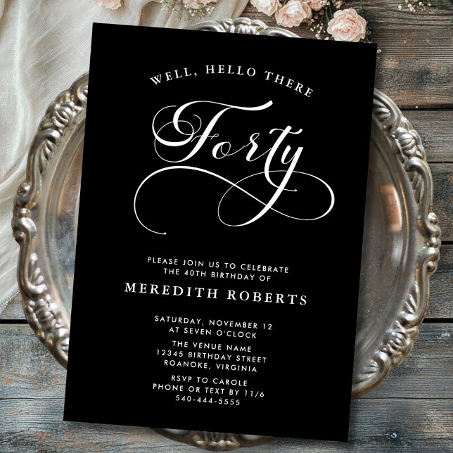 Swirly Calligraphy Black 40 Birthday Party Inbjudningar (Elegant Swirly Calligraphy Black 40th Birthday Party Invitations)
