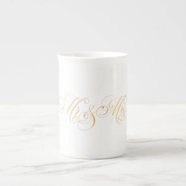 Swirly Classical Script Mr & Mrs Guld Black Benporslin Mugg (Framsidan)