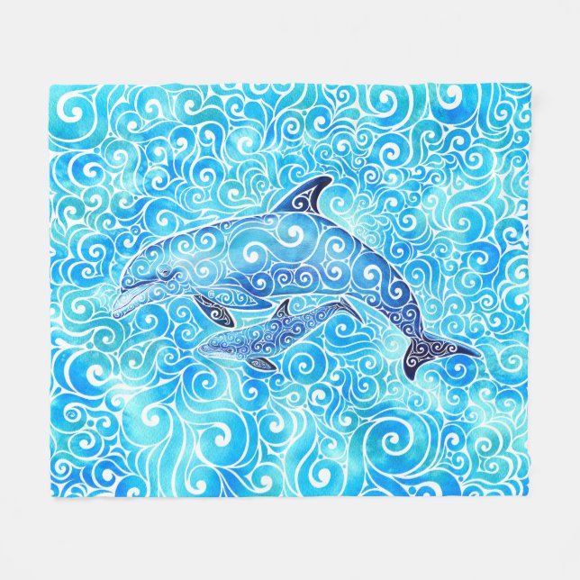 Swirly Dolphin Family Fleecefilt (Framsidan (Horisontell))