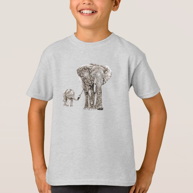 Swirly Elephant Family T Shirt (Framsida)