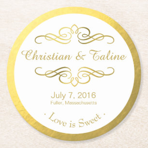 Swirly Flourish Faux Gold Foil on White Underlägg Papper Rund